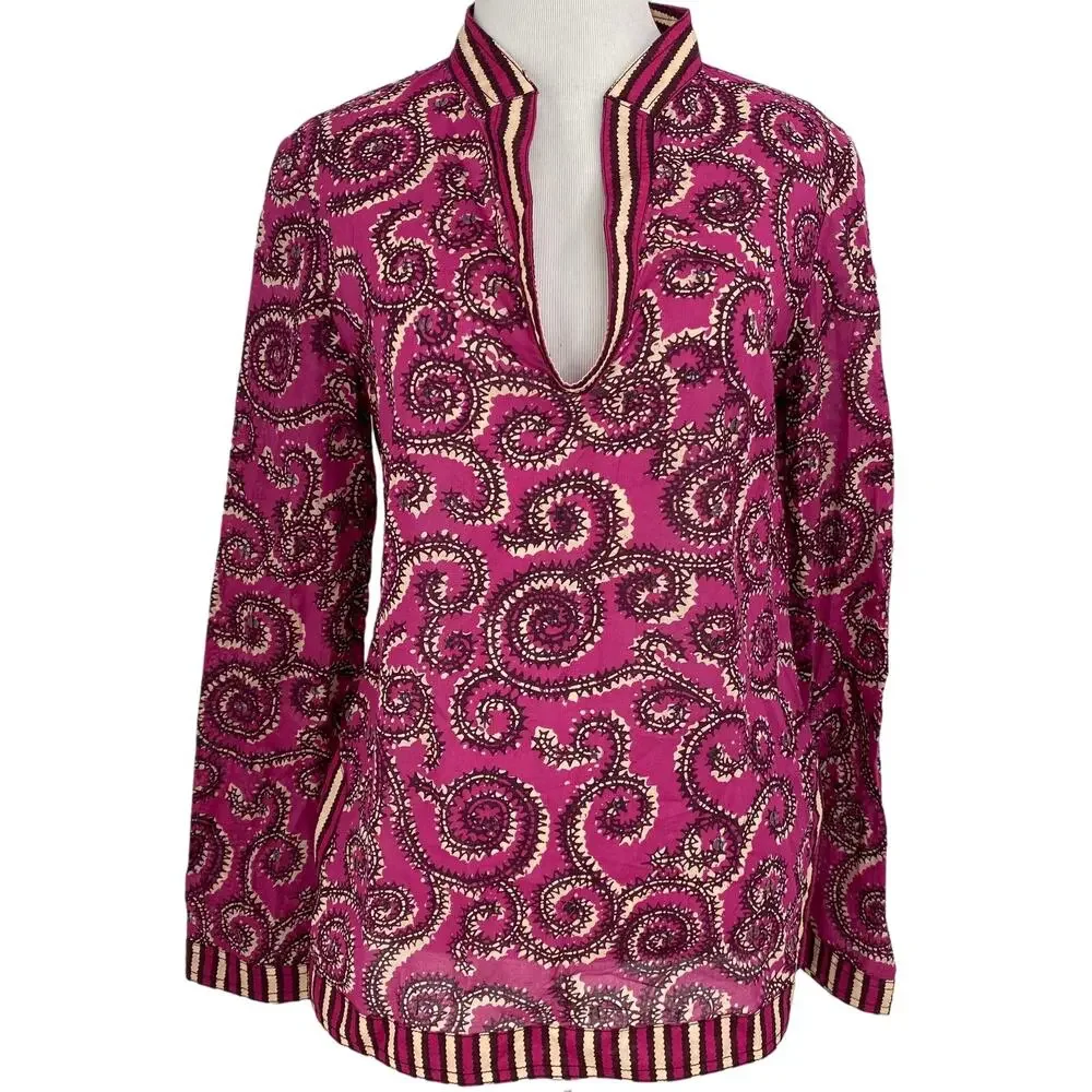 Tory Burch Printed V-Neck Blouse Size: S | US 4